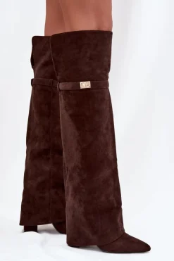 Boto Kozaki Ocieplane|Muszkieterki*Ocieplane Kozaki Z Wywiniętą Cholewką Za Kolano Obcas Słupek Czekoladowe Serelle Brązowy