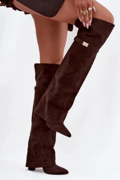 Boto Kozaki Ocieplane|Muszkieterki*Ocieplane Kozaki Z Wywiniętą Cholewką Za Kolano Obcas Słupek Czekoladowe Serelle Brązowy