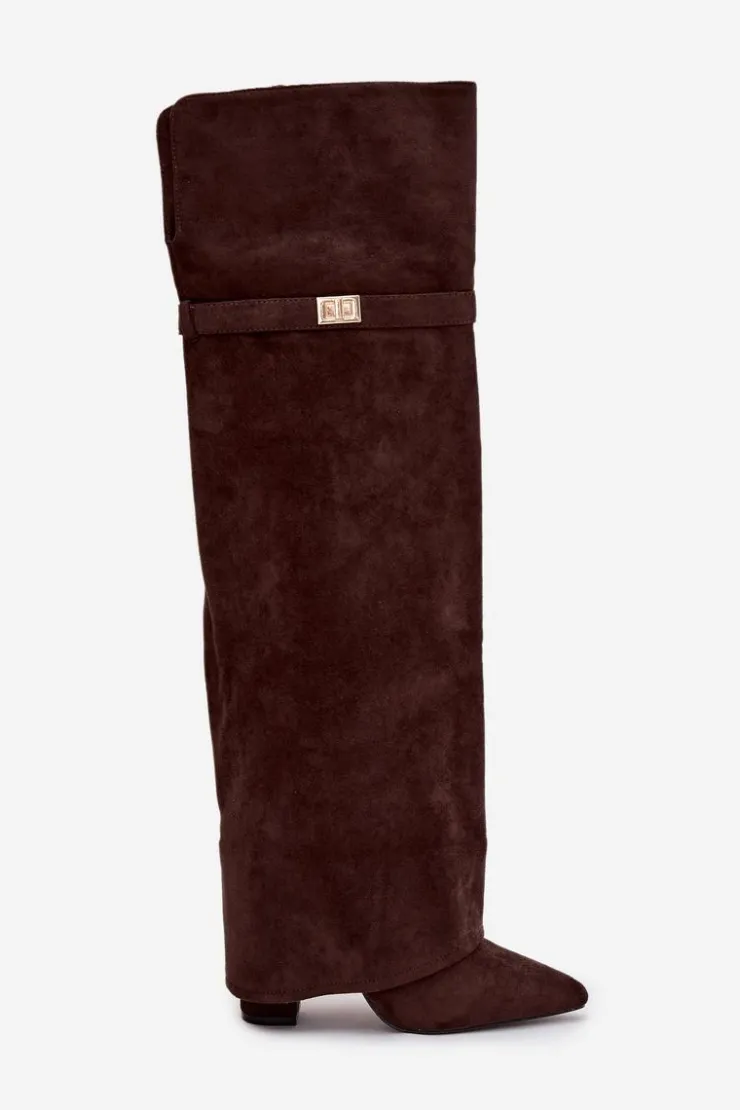 Boto Kozaki Ocieplane|Muszkieterki*Ocieplane Kozaki Z Wywiniętą Cholewką Za Kolano Obcas Słupek Czekoladowe Serelle Brązowy