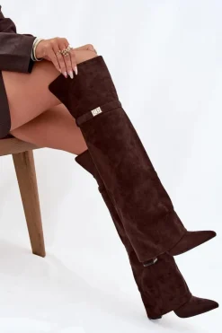 Boto Kozaki Ocieplane|Muszkieterki*Ocieplane Kozaki Z Wywiniętą Cholewką Za Kolano Obcas Słupek Czekoladowe Serelle Brązowy