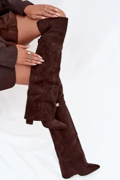 Boto Kozaki Ocieplane|Muszkieterki*Ocieplane Kozaki Z Wywiniętą Cholewką Za Kolano Obcas Słupek Czekoladowe Serelle Brązowy