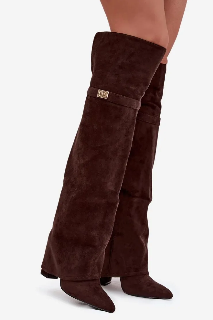 Boto Kozaki Ocieplane|Muszkieterki*Ocieplane Kozaki Z Wywiniętą Cholewką Za Kolano Obcas Słupek Czekoladowe Serelle Brązowy
