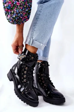 Damskie Boto Ocieplane Lakierowane Botki Czarne Colira