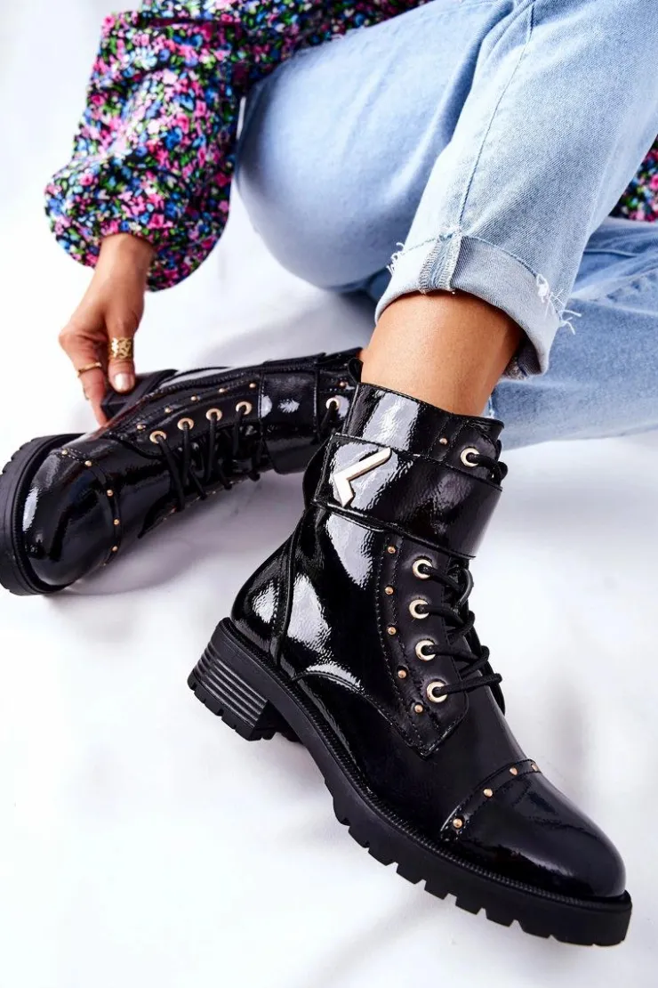 Damskie Boto Ocieplane Lakierowane Botki Czarne Colira