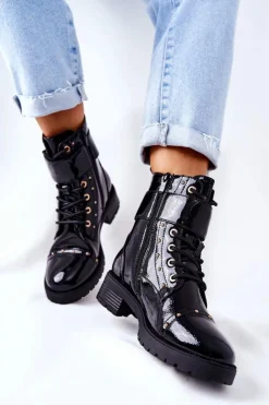 Damskie Boto Ocieplane Lakierowane Botki Czarne Colira