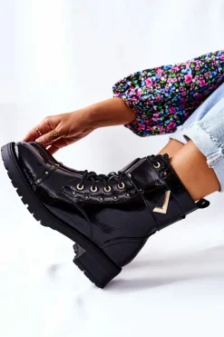 Damskie Boto Ocieplane Lakierowane Botki Czarne Colira