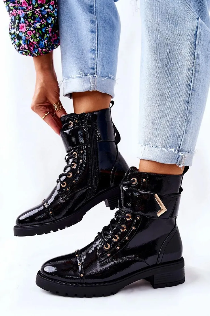 Damskie Boto Ocieplane Lakierowane Botki Czarne Colira