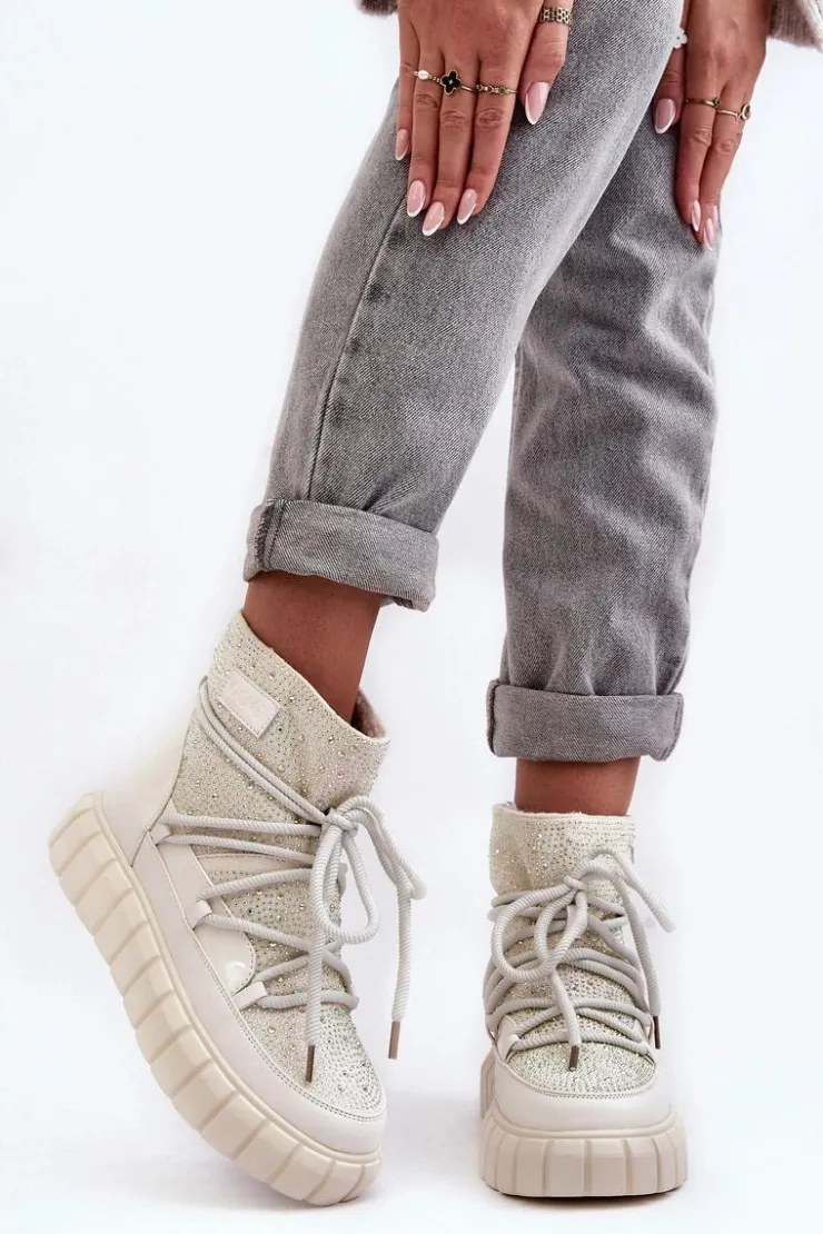 GOE Ocieplane Śniegowce Zdobione Dżetami MM2N4081 Beżowe