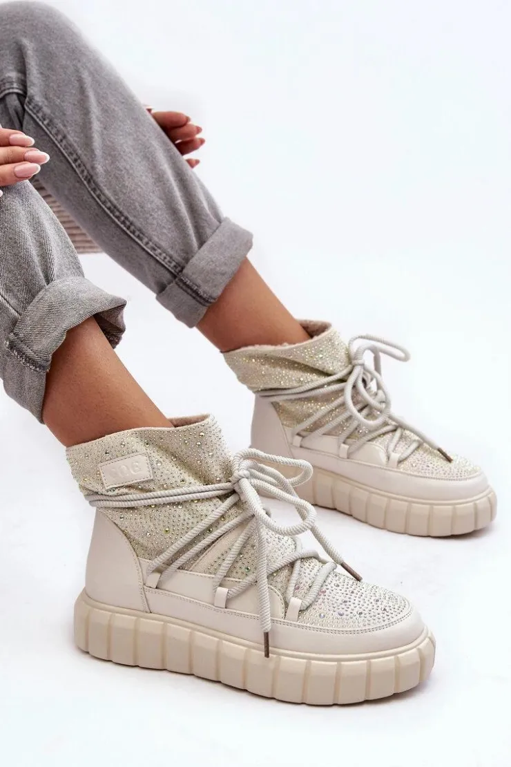 GOE Ocieplane Śniegowce Zdobione Dżetami MM2N4081 Beżowe