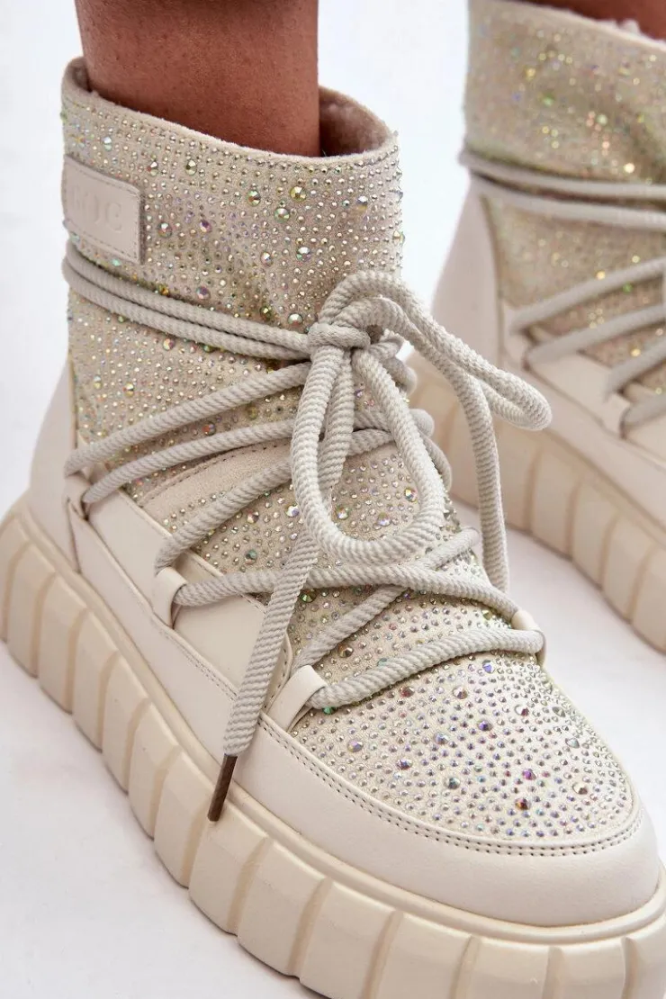 GOE Ocieplane Śniegowce Zdobione Dżetami MM2N4081 Beżowe