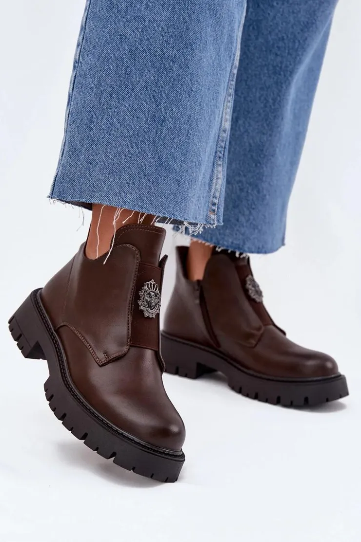 Online Boto Ocieplane Niskie Botki Damskie Z Ozdobą Na Zamek Brązowe Lavira