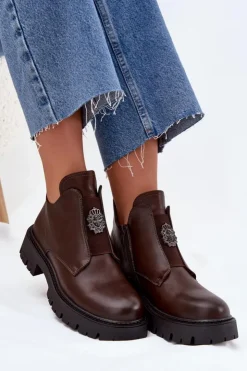 Online Boto Ocieplane Niskie Botki Damskie Z Ozdobą Na Zamek Brązowe Lavira