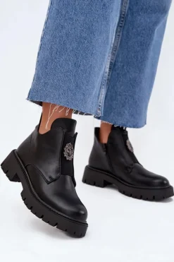 Damskie Boto Ocieplane Niskie Botki Damskie Z Ozdobą Na Zamek Czarne Lavira