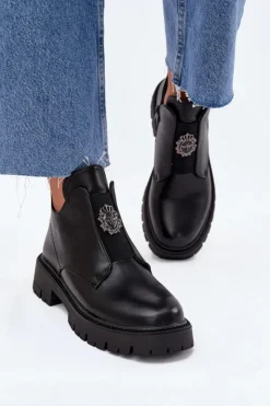 Damskie Boto Ocieplane Niskie Botki Damskie Z Ozdobą Na Zamek Czarne Lavira