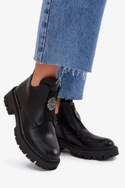 Damskie Boto Ocieplane Niskie Botki Damskie Z Ozdobą Na Zamek Czarne Lavira