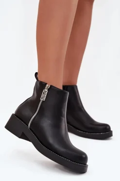 Boto Botki Ocieplane|Botki Skórzane*Ocieplane Niskie Botki Damskie Z Cyrkoniami Czarne Vionna