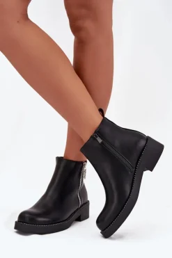 Boto Botki Ocieplane|Botki Skórzane*Ocieplane Niskie Botki Damskie Z Cyrkoniami Czarne Vionna