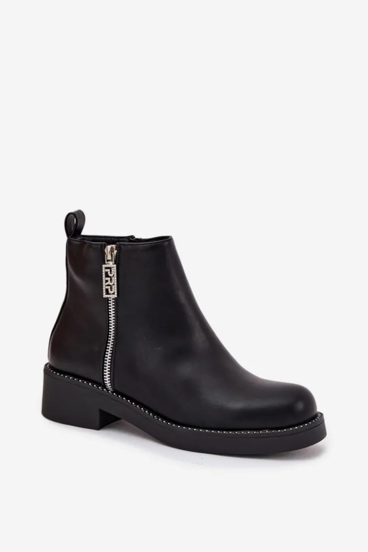 Boto Botki Ocieplane|Botki Skórzane*Ocieplane Niskie Botki Damskie Z Cyrkoniami Czarne Vionna