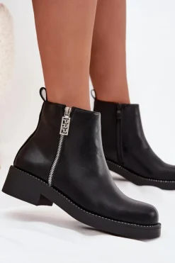 Boto Botki Ocieplane|Botki Skórzane*Ocieplane Niskie Botki Damskie Z Cyrkoniami Czarne Vionna