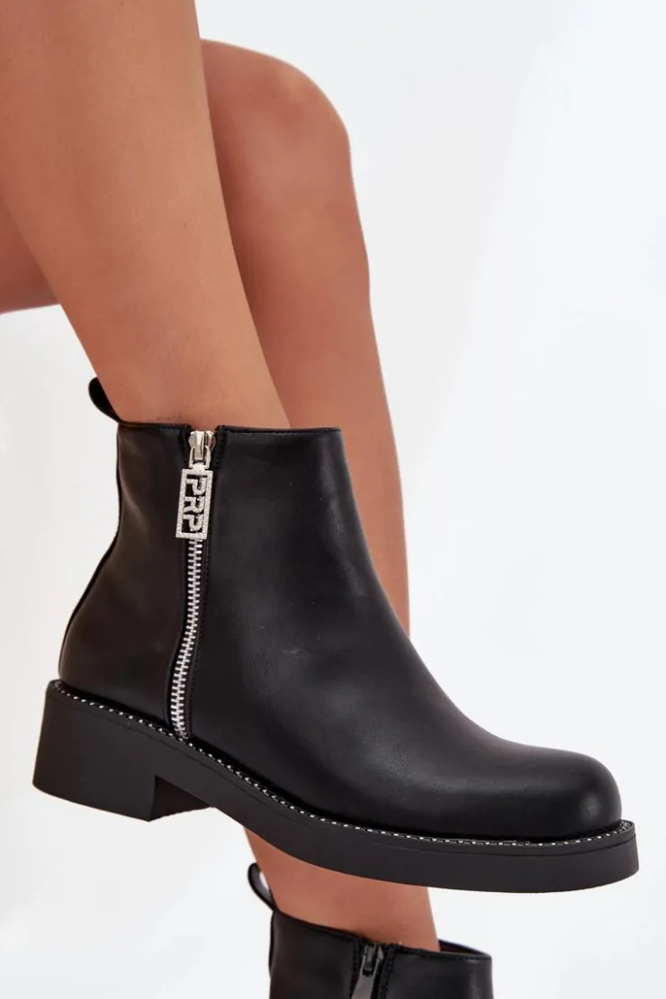 Boto Botki Ocieplane|Botki Skórzane*Ocieplane Niskie Botki Damskie Z Cyrkoniami Czarne Vionna