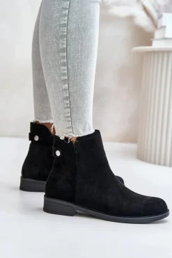 Boto Czarne Botki|Botki Zimowe Damskie*Ocieplane Niskie Botki Sztyblety Na Zamek Eko Zamszowe Czarne Telluara