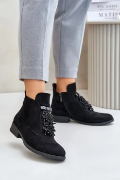 Damskie buty S.Barski Botki Ocieplane|Botki Płaskie*Ocieplane Niskie Botki Z Ozdobą Na Zamek S.Barski HY42-715 Czarne