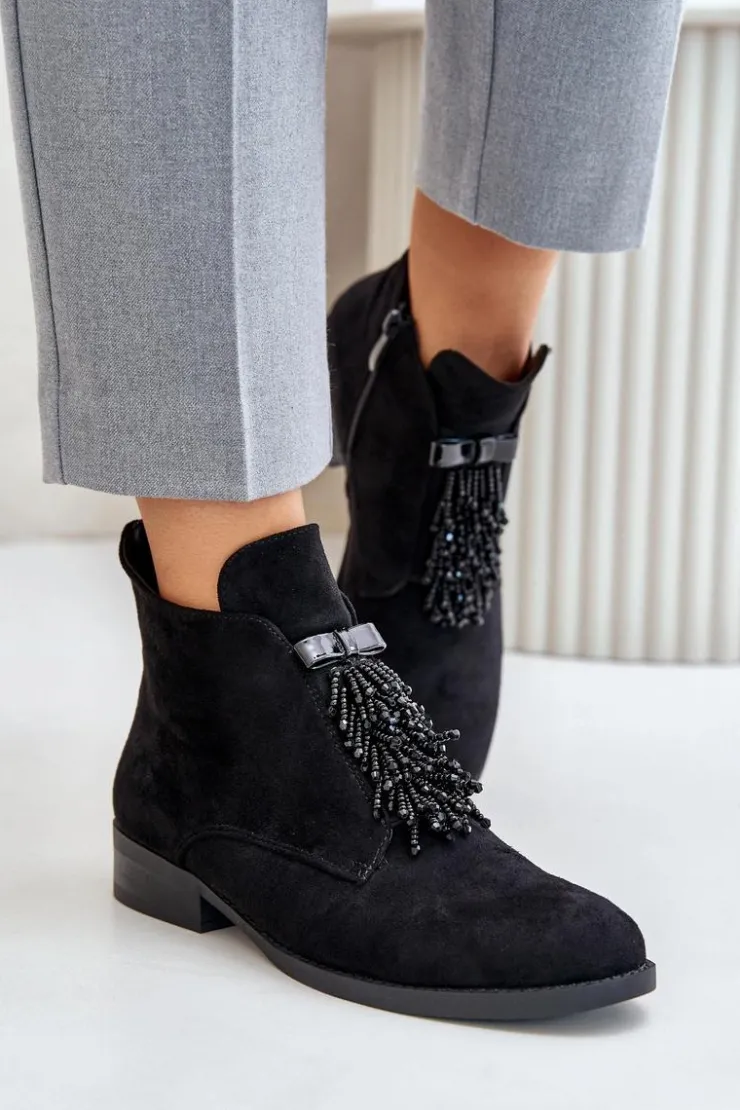 Damskie buty S.Barski Botki Ocieplane|Botki Płaskie*Ocieplane Niskie Botki Z Ozdobą Na Zamek S.Barski HY42-715 Czarne