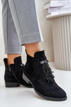 Damskie buty S.Barski Botki Ocieplane|Botki Płaskie*Ocieplane Niskie Botki Z Ozdobą Na Zamek S.Barski HY42-715 Czarne