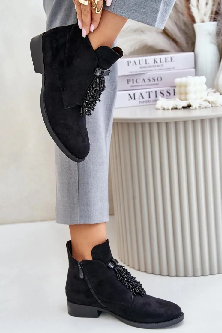 Damskie buty S.Barski Botki Ocieplane|Botki Płaskie*Ocieplane Niskie Botki Z Ozdobą Na Zamek S.Barski HY42-715 Czarne