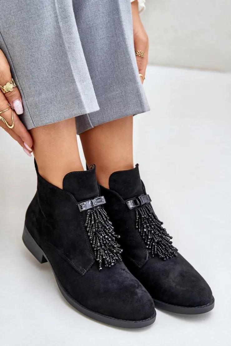 Damskie buty S.Barski Botki Ocieplane|Botki Płaskie*Ocieplane Niskie Botki Z Ozdobą Na Zamek S.Barski HY42-715 Czarne