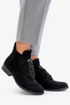 Damskie buty S.Barski Botki Ocieplane|Botki Płaskie*Ocieplane Niskie Botki Z Ozdobą Na Zamek S.Barski HY42-715 Czarne