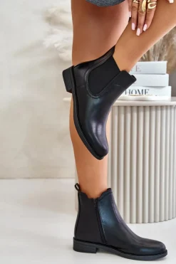Damskie Boto Ocieplane Płaskie Botki Sztyblety Na Zamek Czarne Tinra