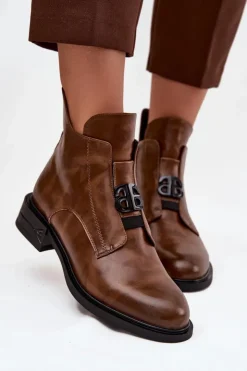 Damskie Boto Ocieplane Skórzane Botki Damskie Z Ozdobnym Detalem Brązowe Briselda