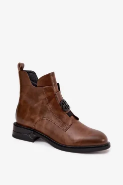 Damskie Boto Ocieplane Skórzane Botki Damskie Z Ozdobnym Detalem Brązowe Briselda