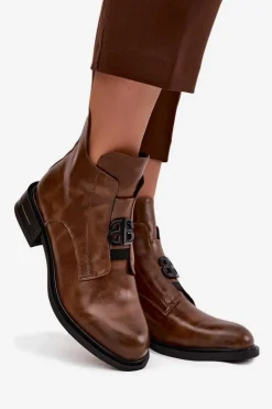 Damskie Boto Ocieplane Skórzane Botki Damskie Z Ozdobnym Detalem Brązowe Briselda