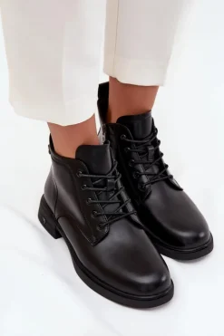 Buty damskie Vinceza Botki Ocieplane|Botki Sznurowane*Ocieplane Skórzane Botki Damskie Na Niskim Obcasie Vinceza 39953 Czarne Czarny