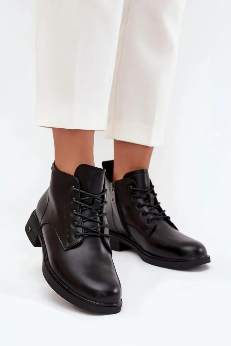 Buty damskie Vinceza Botki Ocieplane|Botki Sznurowane*Ocieplane Skórzane Botki Damskie Na Niskim Obcasie Vinceza 39953 Czarne Czarny