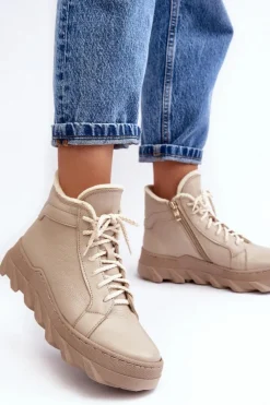 Boto Botki Ocieplane|Botki Skórzane*Ocieplane Skórzane Botki Damskie Na Platformie Beżowe Lemar Jevette Beżowy