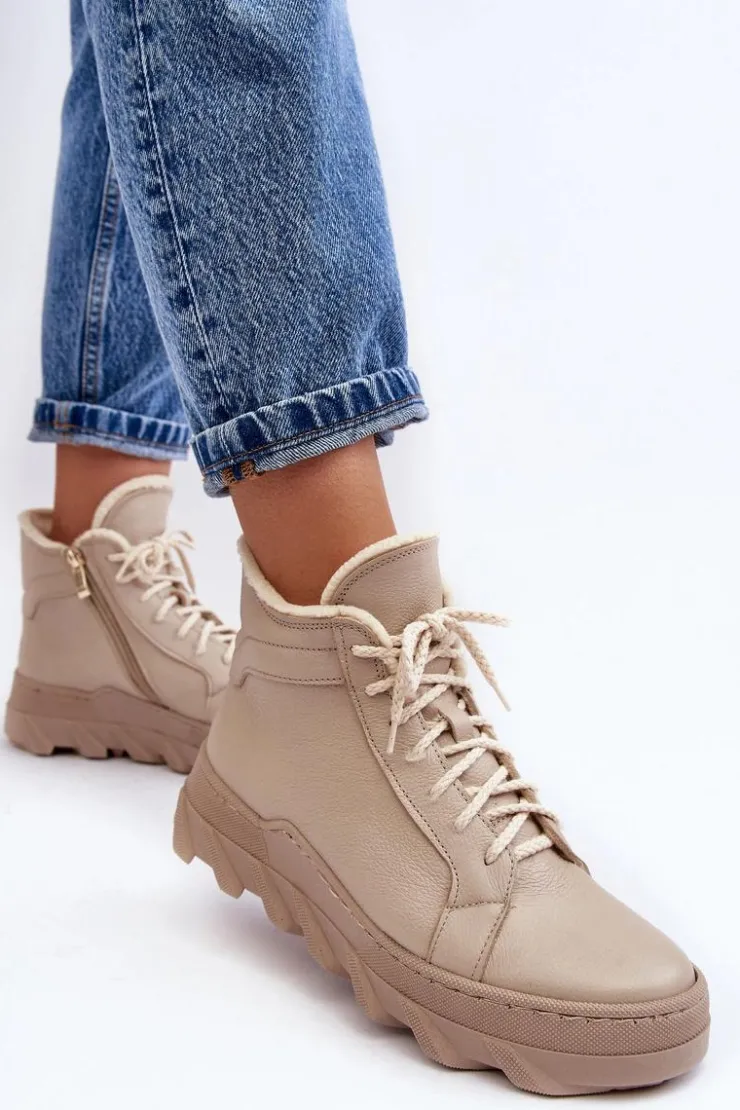 Boto Botki Ocieplane|Botki Skórzane*Ocieplane Skórzane Botki Damskie Na Platformie Beżowe Lemar Jevette Beżowy