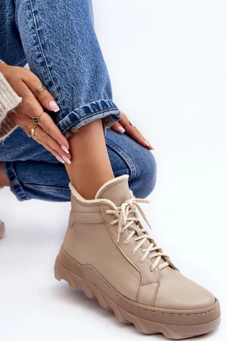 Boto Botki Ocieplane|Botki Skórzane*Ocieplane Skórzane Botki Damskie Na Platformie Beżowe Lemar Jevette Beżowy