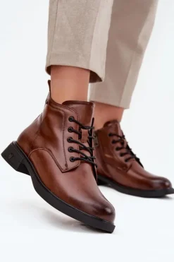 Outlet Buty damskie Vinceza Ocieplane Skórzane Botki Damskie Na Niskim Obcasie Vinceza 39953 Brązowe