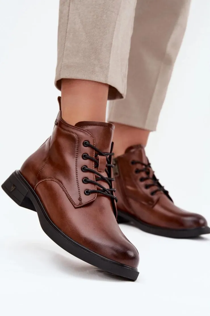 Outlet Buty damskie Vinceza Ocieplane Skórzane Botki Damskie Na Niskim Obcasie Vinceza 39953 Brązowe