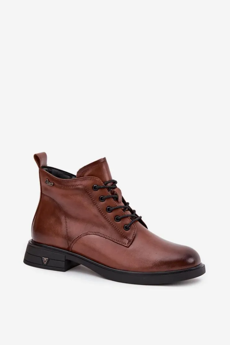 Outlet Buty damskie Vinceza Ocieplane Skórzane Botki Damskie Na Niskim Obcasie Vinceza 39953 Brązowe