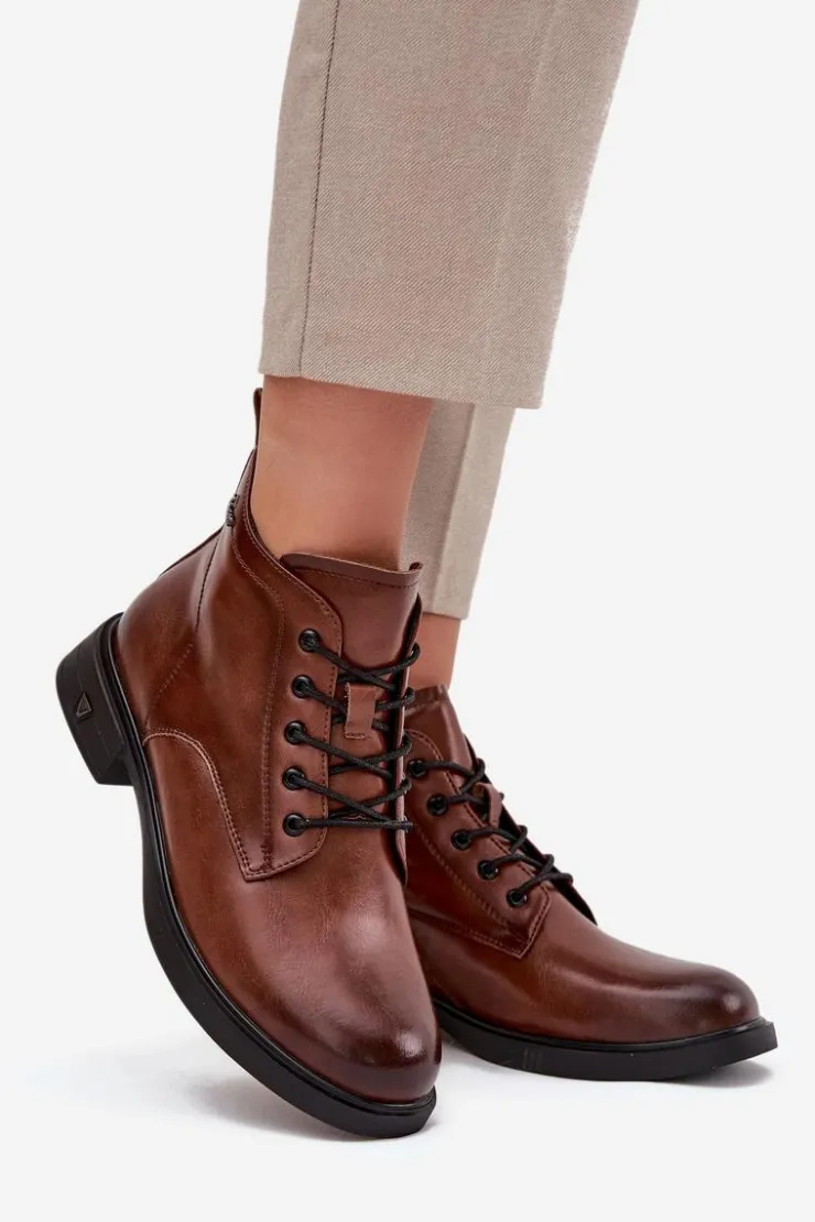 Outlet Buty damskie Vinceza Ocieplane Skórzane Botki Damskie Na Niskim Obcasie Vinceza 39953 Brązowe