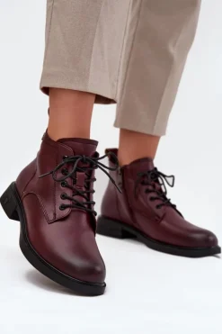 Buty damskie Vinceza Botki Ocieplane|Botki Sznurowane*Ocieplane Skórzane Botki Damskie Na Niskim Obcasie Vinceza 39953 Bordowe