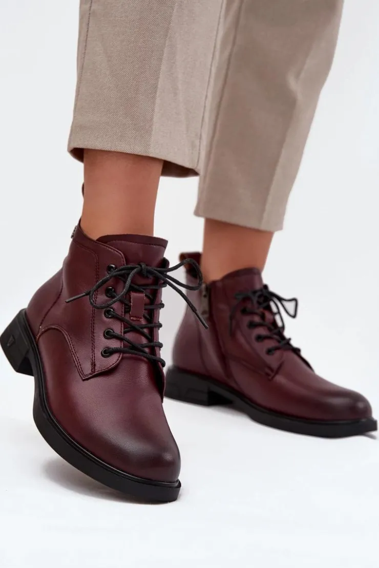 Buty damskie Vinceza Botki Ocieplane|Botki Sznurowane*Ocieplane Skórzane Botki Damskie Na Niskim Obcasie Vinceza 39953 Bordowe