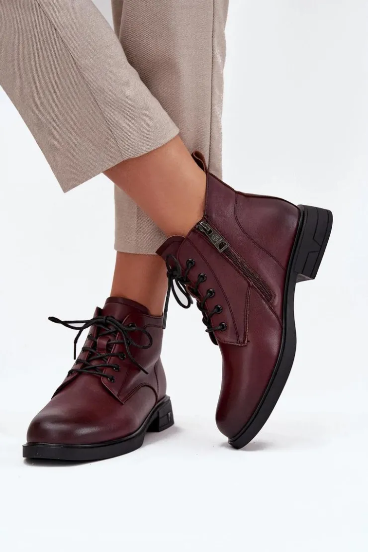 Buty damskie Vinceza Botki Ocieplane|Botki Sznurowane*Ocieplane Skórzane Botki Damskie Na Niskim Obcasie Vinceza 39953 Bordowe