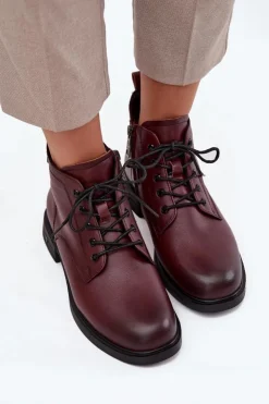 Buty damskie Vinceza Botki Ocieplane|Botki Sznurowane*Ocieplane Skórzane Botki Damskie Na Niskim Obcasie Vinceza 39953 Bordowe