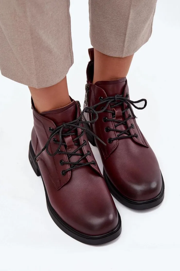 Buty damskie Vinceza Botki Ocieplane|Botki Sznurowane*Ocieplane Skórzane Botki Damskie Na Niskim Obcasie Vinceza 39953 Bordowe