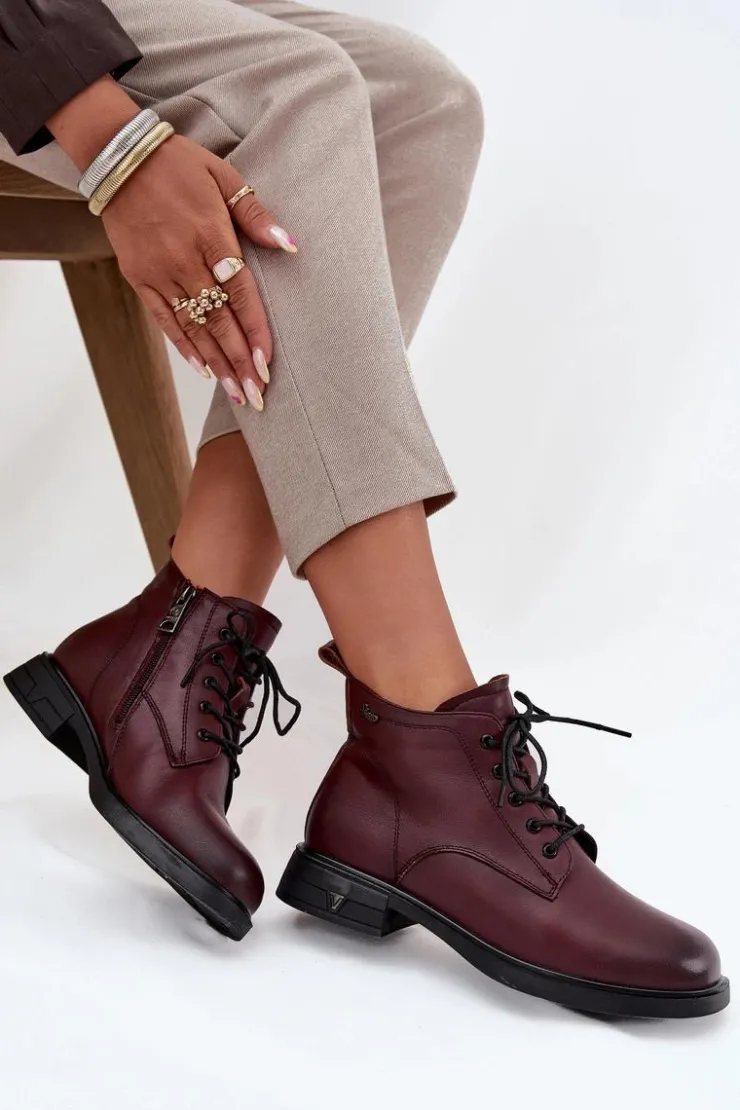 Buty damskie Vinceza Botki Ocieplane|Botki Sznurowane*Ocieplane Skórzane Botki Damskie Na Niskim Obcasie Vinceza 39953 Bordowe